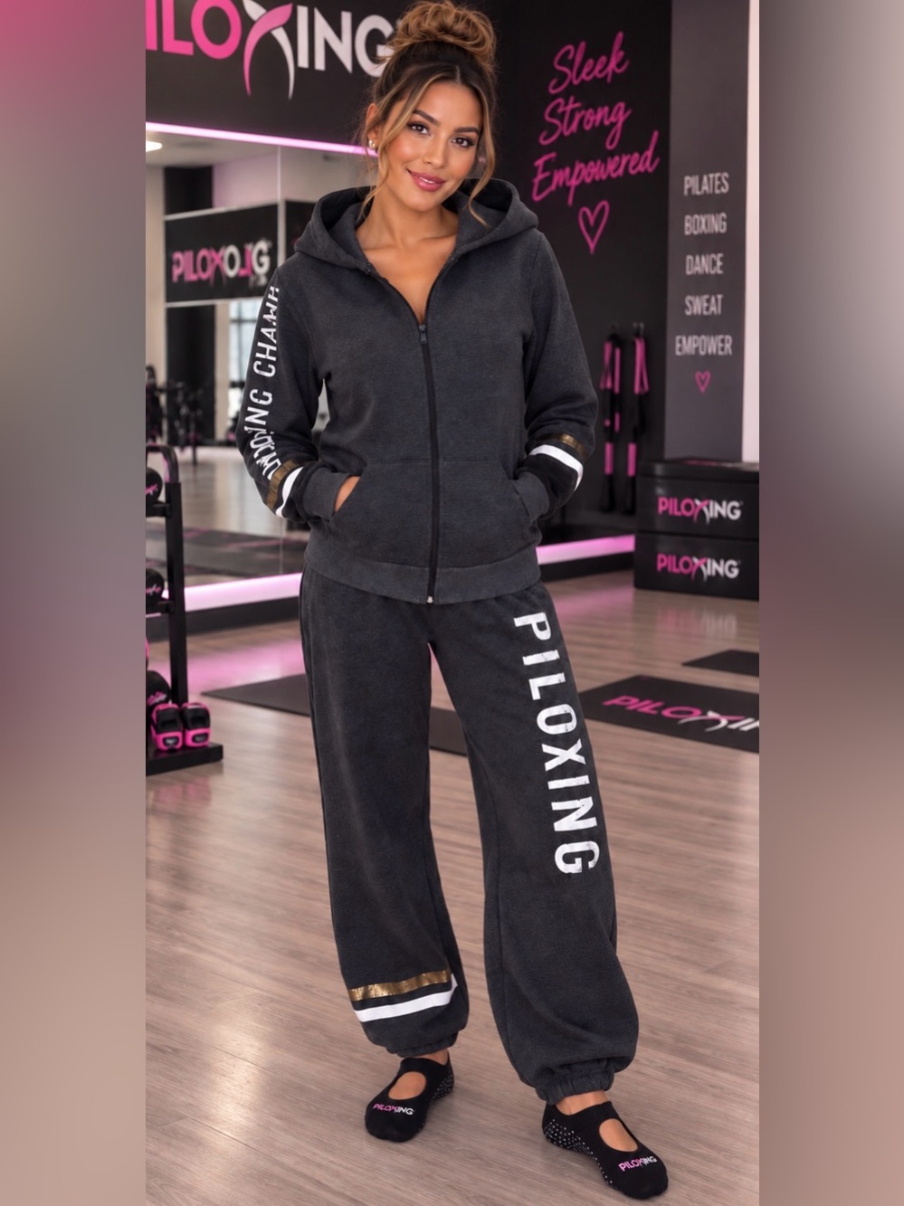 Piloxing Champ 2 Piece Hoodie Jogger Sweatsuit Set Charcoal Gray Size L